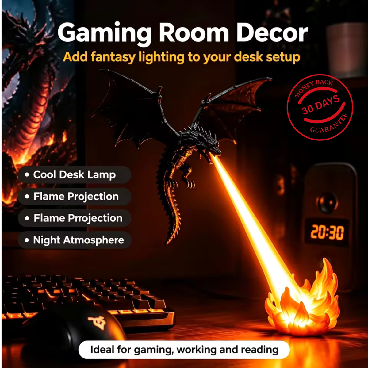 NightFire Flying Dragon LED Lamp – 3D Printed Glowing Desk & Room Decor